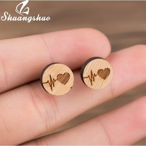 Shuangshuo Fashion Heartbeat Stud Earrings Medical ECG Wooden Jewelry Gifts for Nurse Doctor Love Heart Women Earrings bijoux