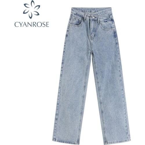 Light Blue Wide Leg Straight High Waist Minimalist Irregular Woman Denim Pant 2021 Autumn New Streetwear Y2K Punk Female Jeans