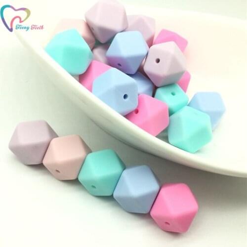 Teeny Teeth 50 PCS 14-17 MM Pastel Blue & Pink Colors Combo Silicone Hexagon Teething Loose Beads, DIY Baby Nursing Toy Beads