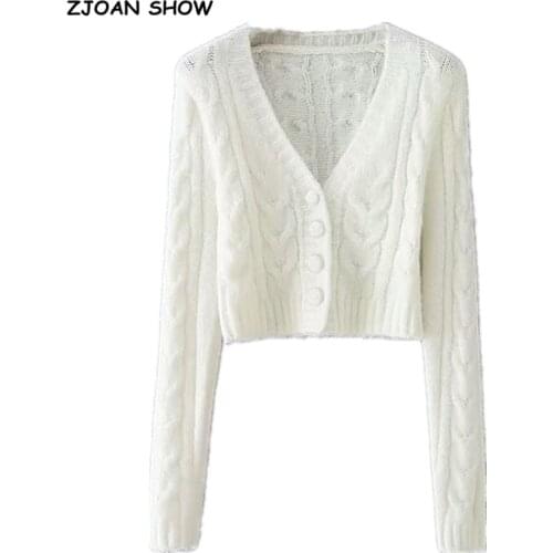 Vintage French V neck Twist Stripes Shaggy Knitted Cardigan Cropped Woman Sweater Trim Long sleeve Short Jumper