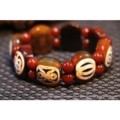 Magic Power Energy Tibetan old Agate Multiple Symbols Flat Shape dZi Bead Bracelet Amulet 3A LKbrother Talisman UPD210527A4