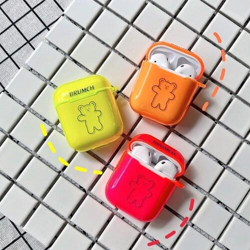 Protective Cute Bear Transparent Fluorescent Color Trendy Wireless Earphone Charging Cover Bag for AirPods1/2 Soft Silicone Case