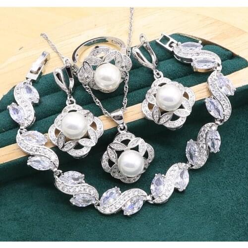 Noble Pearl 925 Silver Jewelry Sets For Women Wedding White Crystal Bracelet Earrings Necklace pendant Ring Christmas Gift