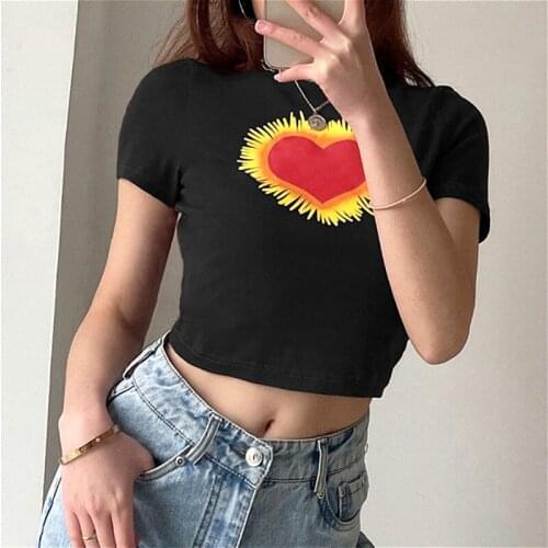 Women T-shirt 2021 Summer Short Sleeve Round Neck Basic Tee Tops Fashion Heart Print Slim Fit Casual T Shirts Female