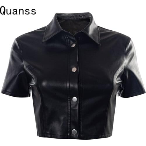 Quanss Summer Pu Faux Leather Button Short Sleeve Jacket Crop Top Women 2021 Fashion Streetwear Club Black Coats And Jackets