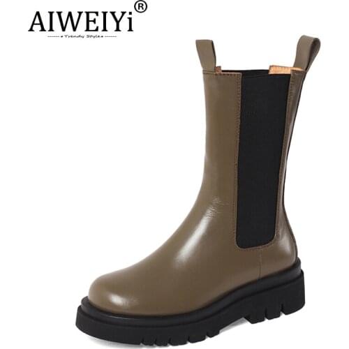 AIWEIYi Chelsea Boots For Women Winter Genuine Leather Platform Shoes Ankle Boots Flat Botas Mujer Ladies Slip-On Short Boots