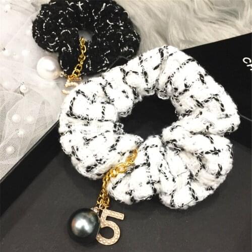 Women Scrunchies Elastic Hair Ties Bands Adult Number 5 Plaid Pearl Fabric Fashion Girl Korean Mujer Accessories Hyuna Wholesale