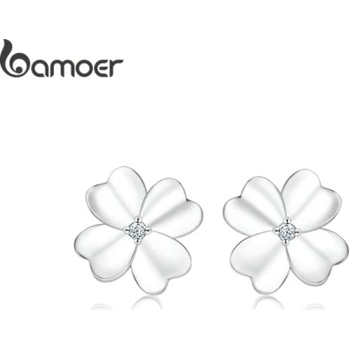 Bamoer Flower Clover Stud Earrings for Women 925 Sterling Silver Fine Jewelry Gifts Anti-allergy Ear Pins for Girl SCE864