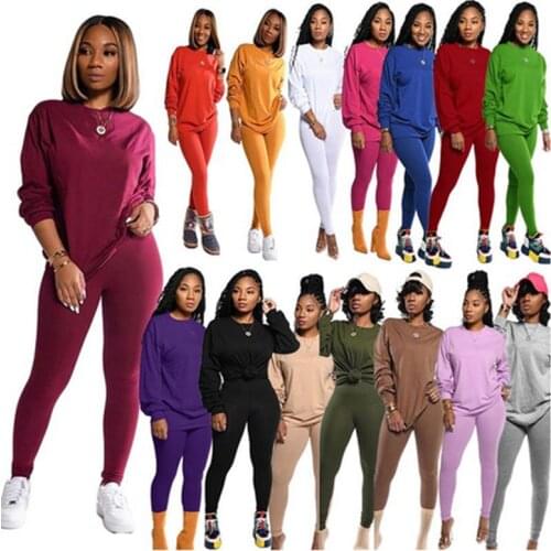 CM.YAYA Active Sweatsuit Two 2 Piece Set for Women Winter Fitness Outfit Crewneck Sweatshirt + Legging Pants Matching Tracksuit