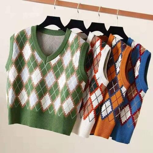 Preppy Style Knit Vest Women Short Knitted Sweater Coat Sleeveless Plaid Waistcoat Autumn Crop Top Outwear Chalecos Para Mujer