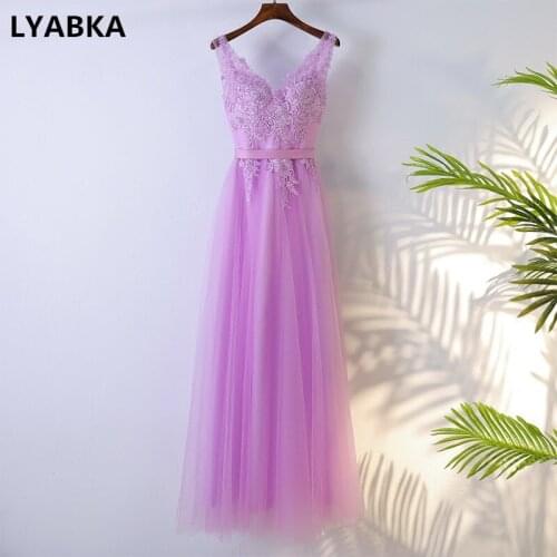 High Quality Evening Dress Vestido De Festa 2019 Light Purple Tulle With Appliques V-Neck Evening Dresses Party Robe De Soiree