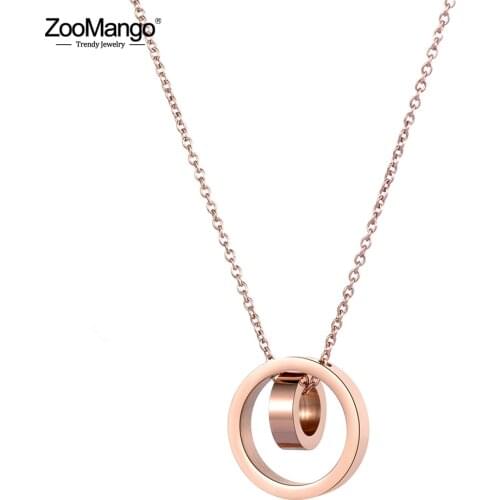 ZooMango Love Double Circle Pendant Necklaces Stainless Steel Rose Gold 24 inches Sweater Chain Long Necklaces For Women ZN18235