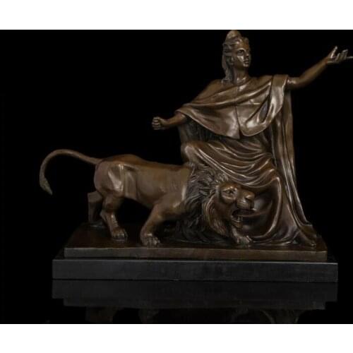 50 CM Western Art Deco Bronze Women Girl Belle queen Lion Male lions Sculpture