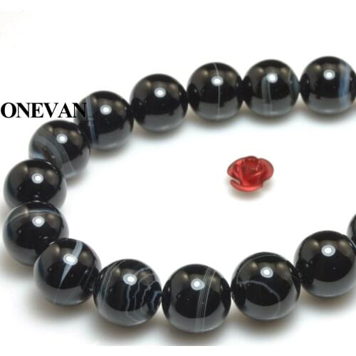 ONEVAN Natural A Stripe Black Agate Beads Smooth Round Stone 10mm Bracelet Necklace Jewelry Making Diy Accessories Gift Design