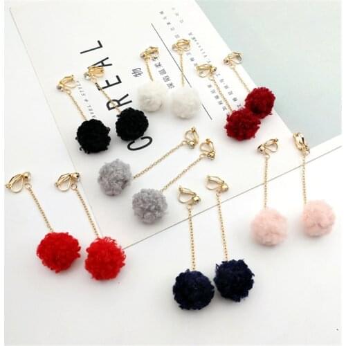 GRACE JUN Gold Color Rhinestone Long Style Fluffy Ball Clip on Earrings No Pierced for Girls Cute Fashion Ear Clip Wholesale