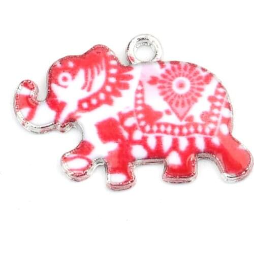 DoreenBeads Fashion Janpanese Styles Pendant Zinc Based Alloy Charms Elephant Animal Silver Color White & Red Enamel, 10 PCs