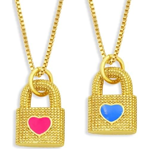 FLOLA Copper CZ Lock Necklace Colorful Small Heart Gold Chain Necklace Pendant For Women Gold Plated Jewelry nkew32