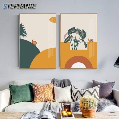 Modern Cartoon Landscape Wall Poster Print Nordic Plant Canvas Painting Cute Wall Art Pictures for Bedroom Warm Color Decorative