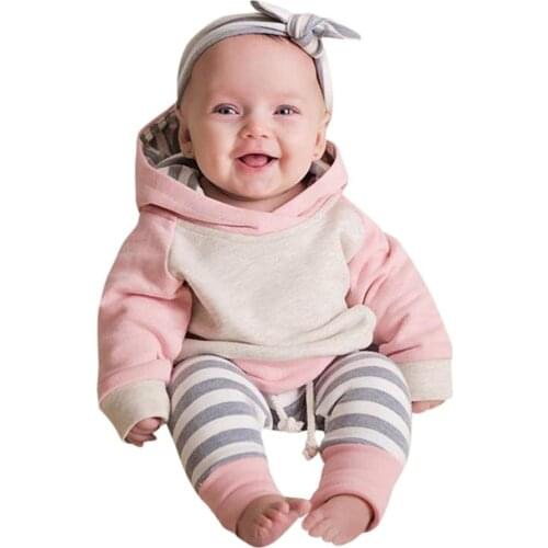 3Pcs Toddler Baby Girls Clothing Outfits Set Long Sleeve Hoodie Tops Hoodie Tops Stripe Pants Headband Infant Newborn Clothes