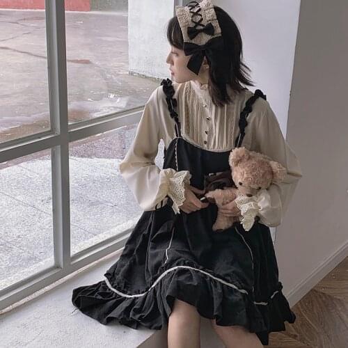 Japanese fairy plus size womens fat sister college style two-piece suit strap dress + shirt high waist victorian dress cos