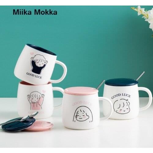 Creative Simple Couple Ceramic Coffee Cup with Lid Spoon Cute Boy and Girl Avatar Household Water Cup Cartoon Milk Cup