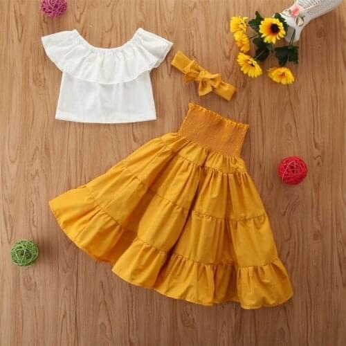 3pcs Summer Kids Baby Girls Clothes Sets Fashion Cute Off Shoulder Crop Tops Ruffle Tutu A-Line Skirts Headband Girls Outfit Set