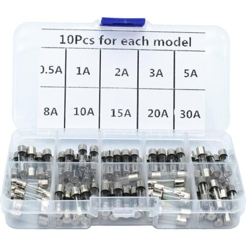 100pcs/lot Set Kit 5x20mm Fuse Assorted Kits DIY Quick Blow Glass Tube Fast-blow Glass Fuses 0.5A 1A 2A 3A 5A 8A 10A 15A 20A 30A