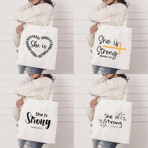 She Is Strong Women Casual Shopping Bag Christian Jesus Shoulder Bags Eco Canvas Handbag Women Travel Organizer Tote Shopper Bag