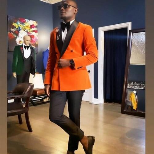 Orange Double Breasted Mens Suits 2 Pieces Groom Best Man Pants Suit Business Wedding Tailored Blazer (Jacket+Black Pants)