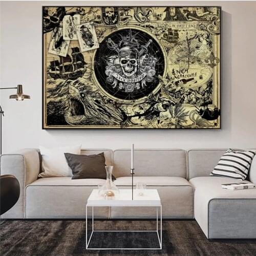 Pirate Of The Caribbean Mao Kun Map Movie Posters And Prints Skull Treasure Map Canvas Painting Picture On Wall Art Decoration