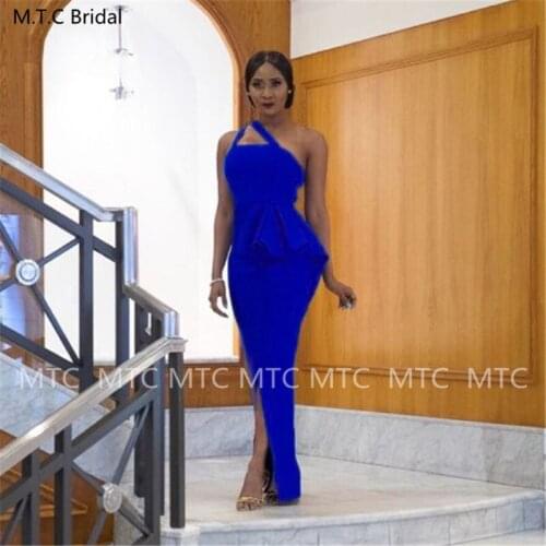 One Shoulder South African Royal Blue 2021 Prom Dresses With Slit Straight Floor Length Maxi Formal Women Gowns For Prom