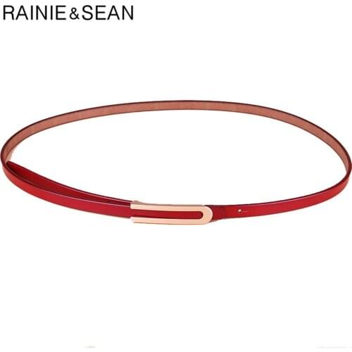 RAINIE SEAN Skinny Belt for Dress Genuine Leather Belt Smooth Buckle Female Red Elegant Thin French Ladies Cowhide Belt Strap