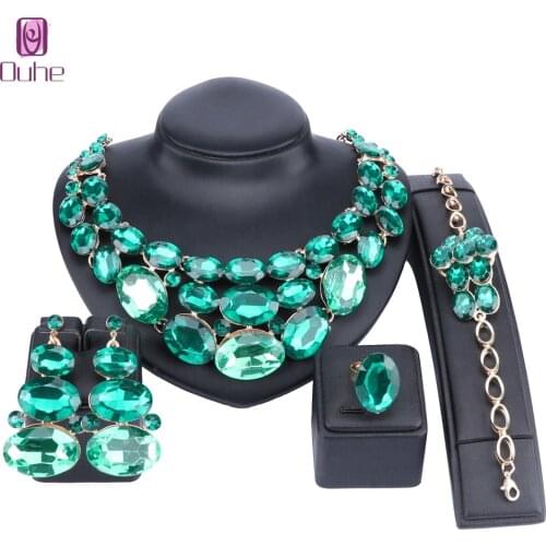 Luxury Crystal Earrings Necklace Bracelet Ring Bridal Jewelry Set Elegant Bride Party Prom Costume Dress Accessories Gifts