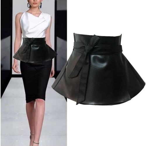 Sexy Women Peplum Black Skirts Corset Belt Bowknot Tie Adjustable Pu Leather Ruffled Wide Waist Belts