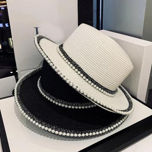 2021 New Flat Top Straw Hat Summer Spring Womens Trip Caps fashion temperament Pearl Beach Cap Breathable Anti-UV Sun Hats