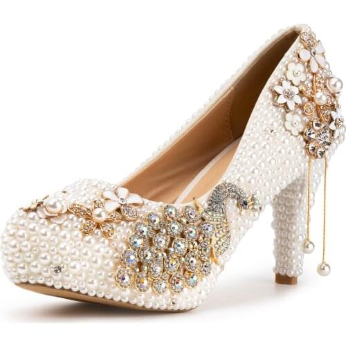 Wedding Woman Pumps Metal Bird Decoration White Pearls 6cm 8cm 11cm Lady Heels Round Toe Bride Mother Banquet Shoes US 12 size