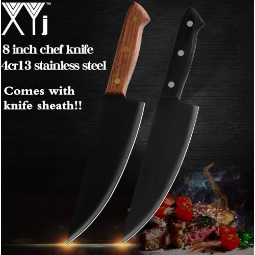 XYj Stainless Steel Knives Sheath Leather Chef 8 inch Knife Fruit Vegetable Food Wood Handle Knife Cooking Accessory
