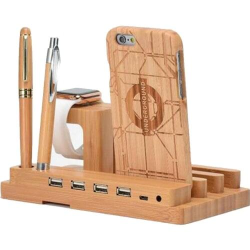 Bamboo wood 4-port USB charger mobile phone holder Multi-function desktop bottom three-in-one watch wooden display stand