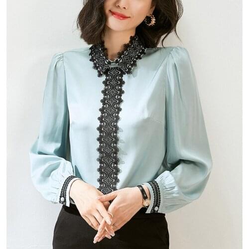 Spring Autumn Real Silk Office Lady Shirt Tops Elegant Turn-down Collar Long Sleeve Blouses Lace Patchwork Womens Satin Blouse