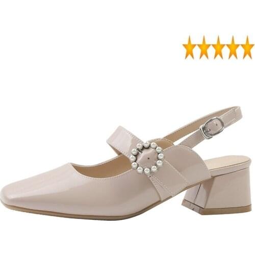 Ladies Summer Elegant Sandals Office Square Toe Chunky Heels Slingback Buckle Strap Mules Shoes Luxury Pearls High Heel Sandal