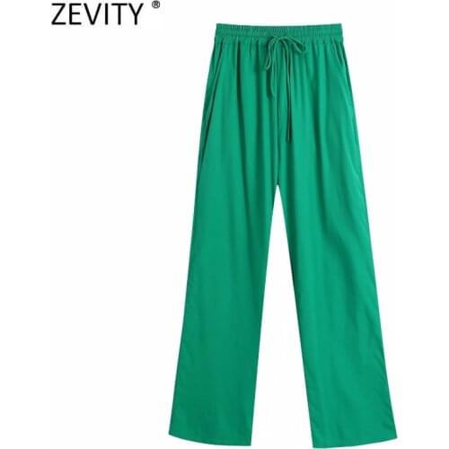 Zevity 2021 Women Solid Green Color Back Pocket Patch Casual Straight Pants Female Chic Elastic Waist Summer Long Trousers P1139