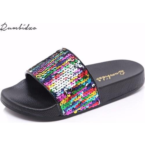 Rumbidzo Women Sandals Peep Toe Flat Heels Summer Beach Sandalias Bling Sequins Platform Sandals Slip on Shoes
