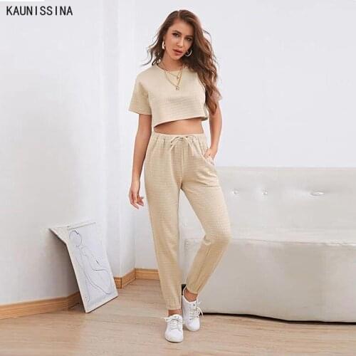 Women Two Piece Homewear Suit Short Sleeve Crop Tops and Elastic Wasit Pants Pajamas Set Sleepwear Female Loungewear Clothes