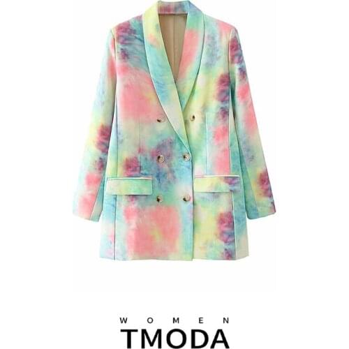 TMODA448 Women 2021 Fashion Double Breasted Tie-dye Print Blazer Coat Vintage Long Sleeve Pockets Female Outerwear Chic Tops
