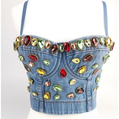 2020 Summer Women Tank Tops Denim Bead Clothing Sleeveless Sexy Skinny Slim Bralette Crop Top Short Camis Female Summer Vest