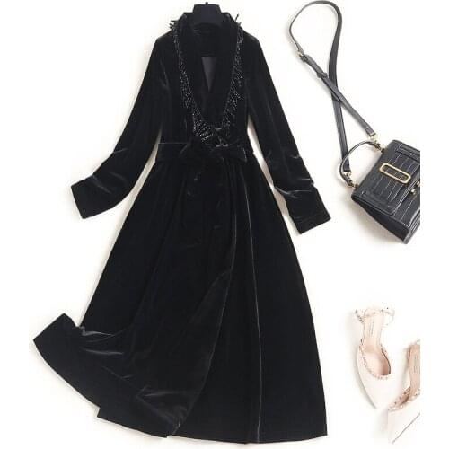 Velvet High Quality Wintern Womens Long Sleeve Runway Fashion Beading V-neck Black Belt Elegant Dress