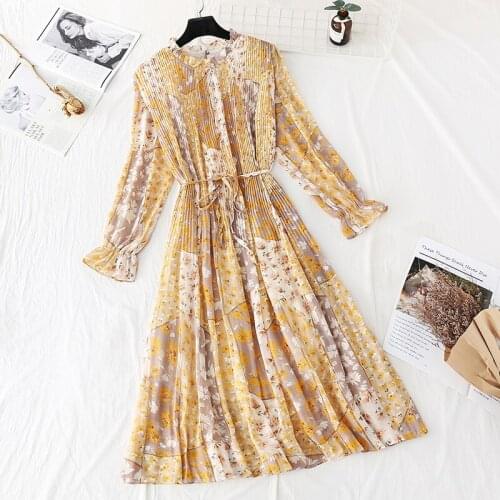 Fashion New Chiffon Dress Women 2020 Spring Summer Vintage Long Sleeve Print Pleated Dress Loose Ladies Dresses Vestidos D3528