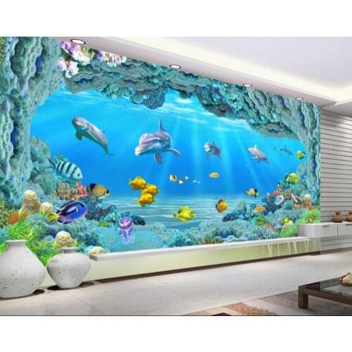 Free Shipping Custom HD Large Underwater World Coral Hole 3D Living Room TV Background Wall Aquarium Promotional Wallpaper