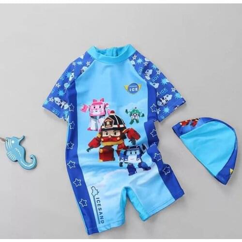 One Piece Baby Swimwear Cartoon Print UV Sun Protection Long Sleeves Toddler Girls Boys Bathing Suit Swimsuit