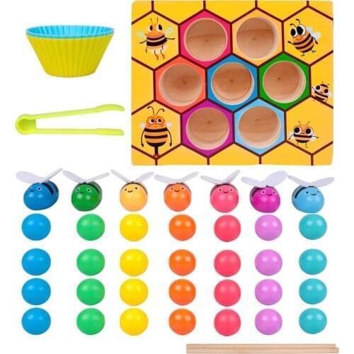 Children Montessori Toy Wooden Leaning Educatinal Toys Early Education Beehive Game Baby Color Cognitive Clip Small Bee Toy